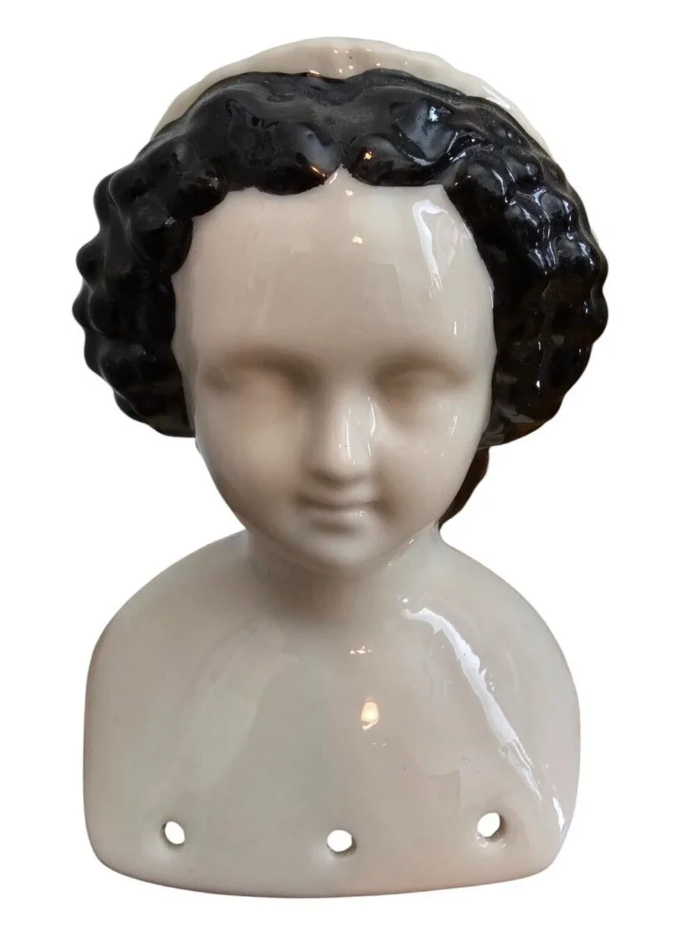 Vintage Hand Painted Porcelain  Bisque Doll Bust Head Ann Rost Black Hair